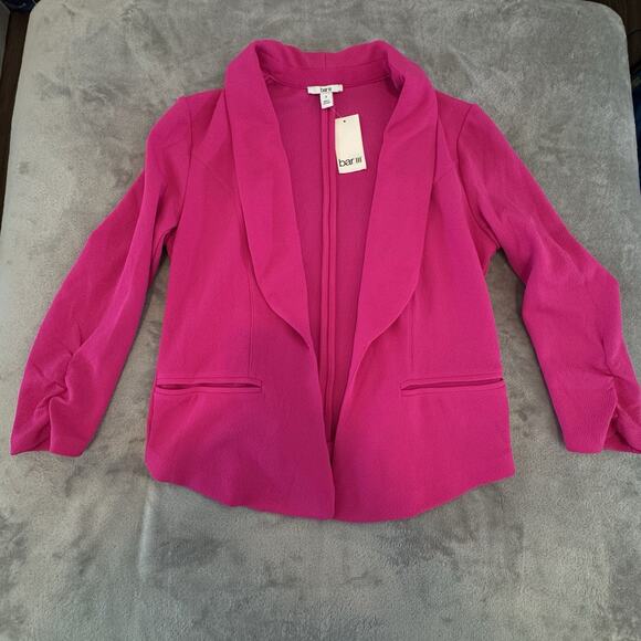NEW Bar lll Fuchsia Pink 3/4 Ruched Sleeve Stretch Blazer Jacket Size Small NWT - Picture 1 of 15